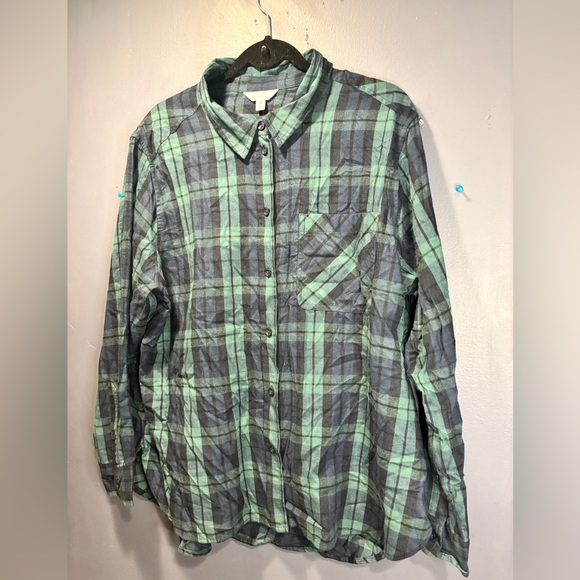 Time And Tru Plaid Forest Green And Navy Plaid Shirt - Picture 2 of 7